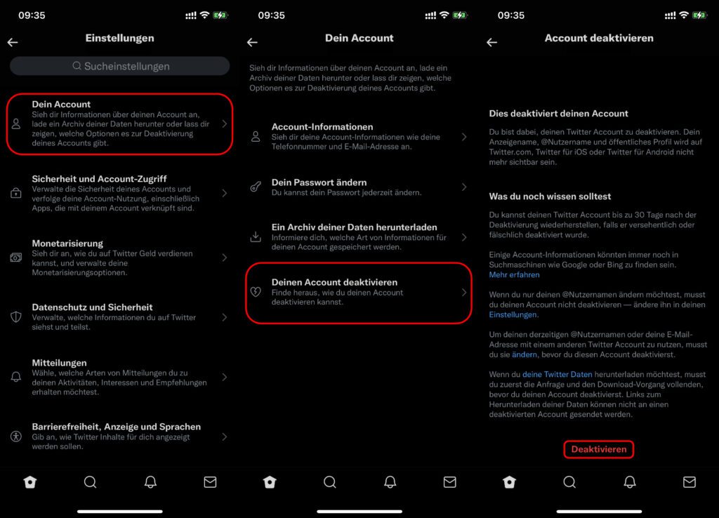 Das Twitter-Konto löschen oder pausieren geht auch in der App für iOS und Android. Hier habt ihr ebenfalls die Möglichkeit, euer Profil und die damit verbundenen Daten, Medien und Chats binnen 30 Tagen wiederherzustellen.