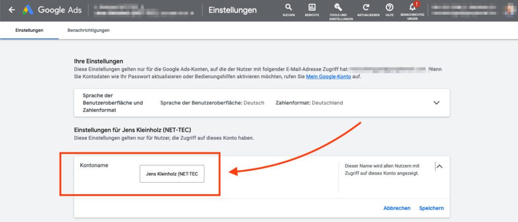 In diesem Feld kann man schließlich den Namen des Google Ads Konto ändern.
