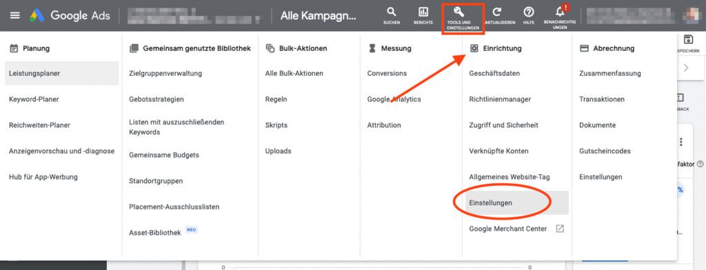 Hier sieht man den Weg zu der entsprechenden Stelle in Google Ads. Unter Einstellungen kann man letztendlich einen Namen für das Konto vergeben.