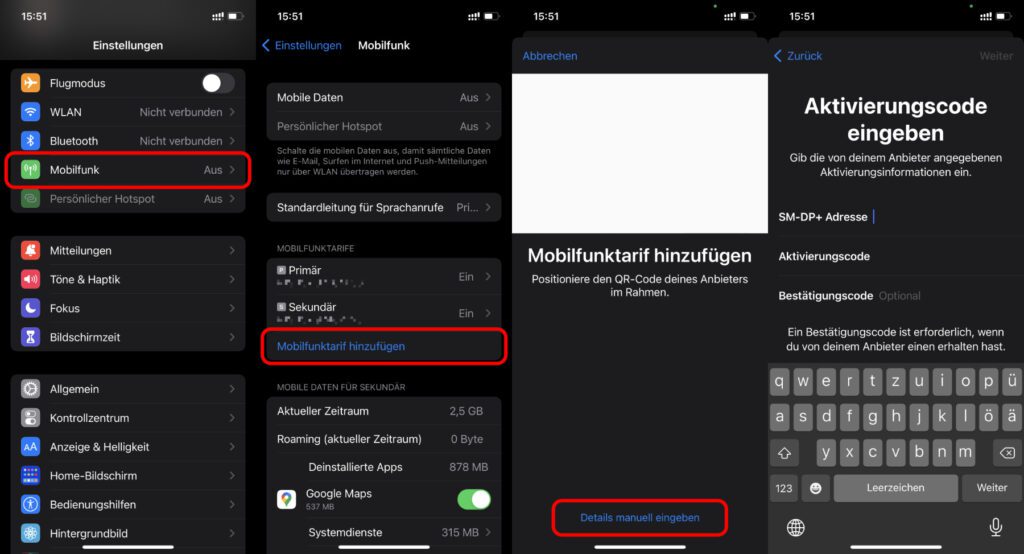 Bucht ihr einen Datentarif für die iPhone eSIM über die airalo App, müsst ihr nicht viel einrichten. Falls irgendetwas nicht klappt, könnt ihr alle relevanten Daten für die Tarifnutzung manuell eingeben. Hier die Anleitung in Form von Screenshots.