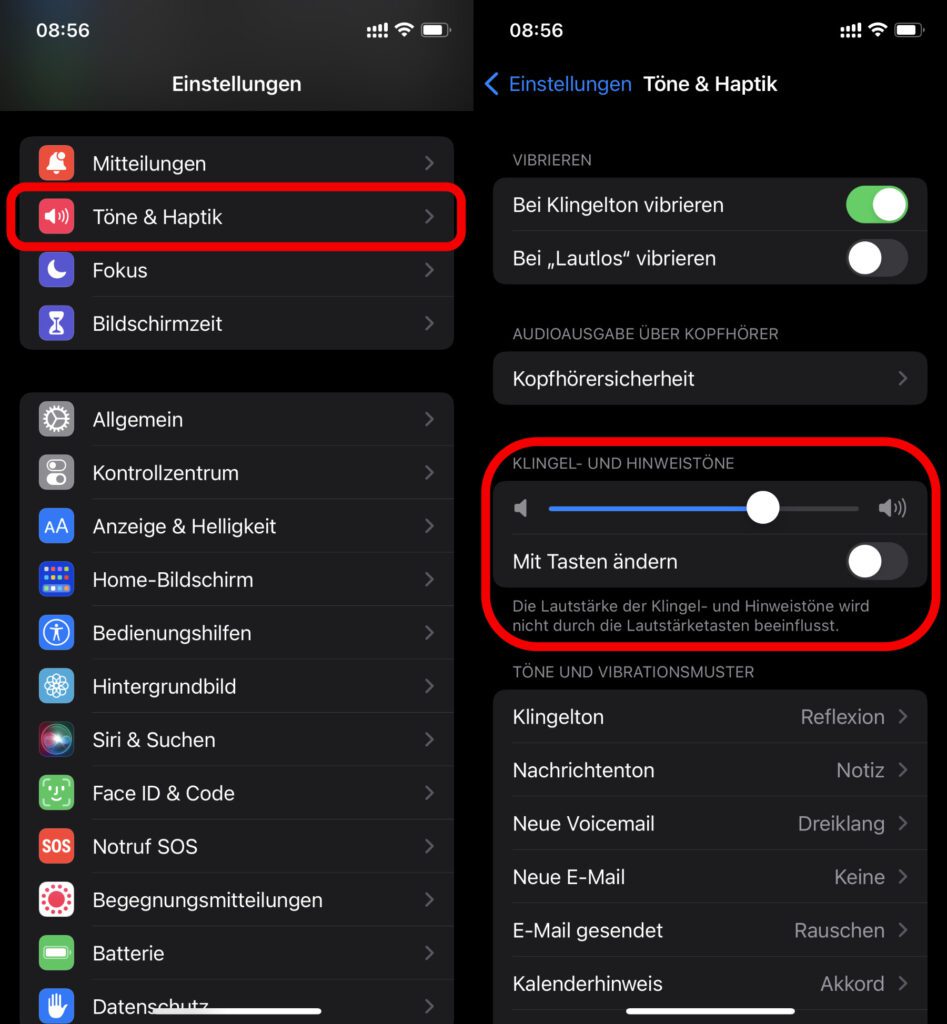 Am Apple iPhone verschiedene Lautstärken für Musik / Podcast / Hörbuch sowie für Anrufe / Nachrichten / Wecker einstellen, das geht in den iOS-Einstellungen im Bereich „Töne & Haptik“.