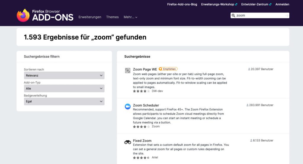 Im Verzeichnis für Firefox Addons gibt es zahlreiche Plugins, welche die Darstellung einer Webseite vergrößern.