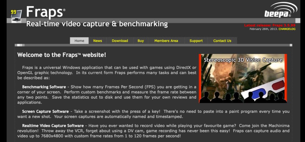 Hier ein Screenshot der Website, auf der man die Software Fraps laden kann.