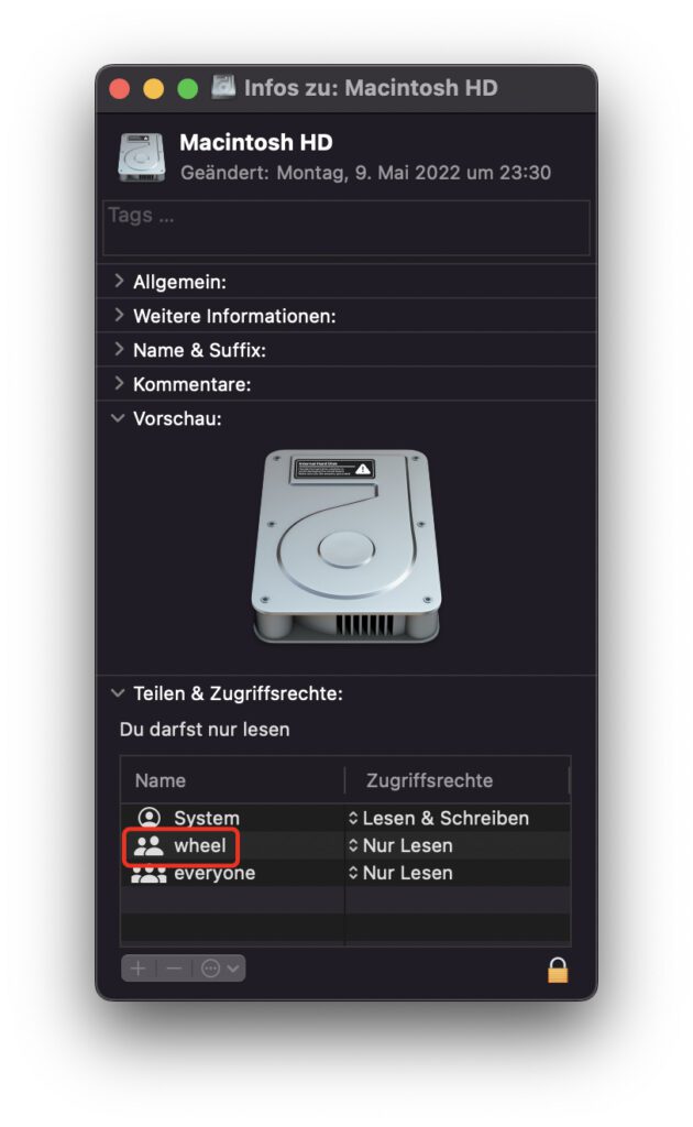 Die Gruppe wheel oder staff unter macOS ist keine Gefahr für euren Mac. Es handelt sich um nötige Gruppen des Betriebssystems und nicht um Fremde, die sich Zugriff zu eurem Mac verschafft haben.