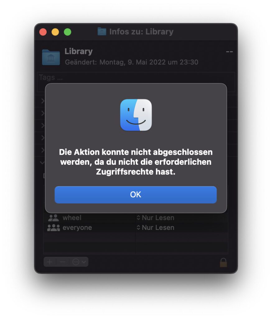 Die Aktion konnte nicht abgeschlossen werden, da du nicht die erforderlichen Zugriffsrechte hast. –Dieser Hinweis deutet darauf hin, dass ihr Berechtigungsoptionen in einem geschützten Systemordner ändern wollt.