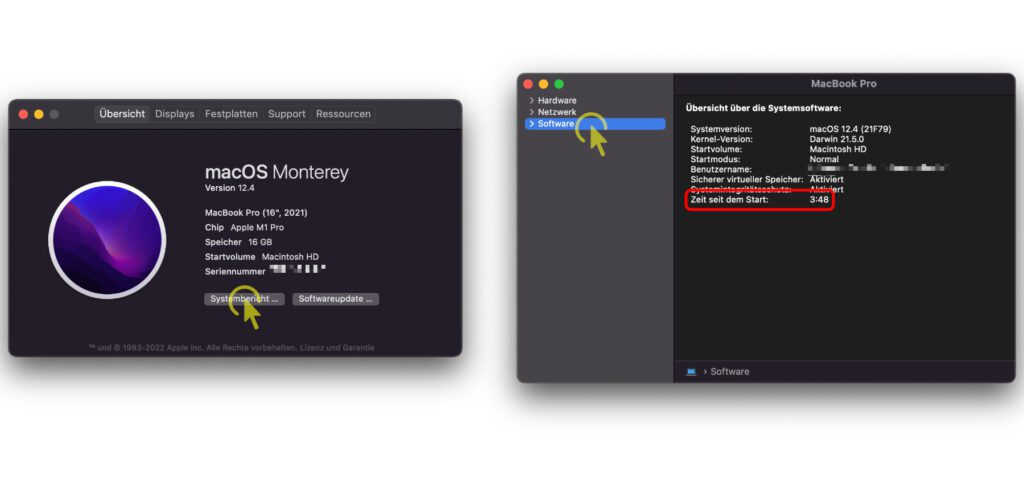 Im macOS-Menü eures Mac findet ihr unter Über diesen Mac den Systembericht. Unter dem Punkt Software findet ihr Zeit seit dem Start. Hier wird angezeigt, wie viel Zeit seit dem letzten macOS-Boot vergangen ist. Hier seht ihr als Beispiel 3 Stunden und 48 Minuten.