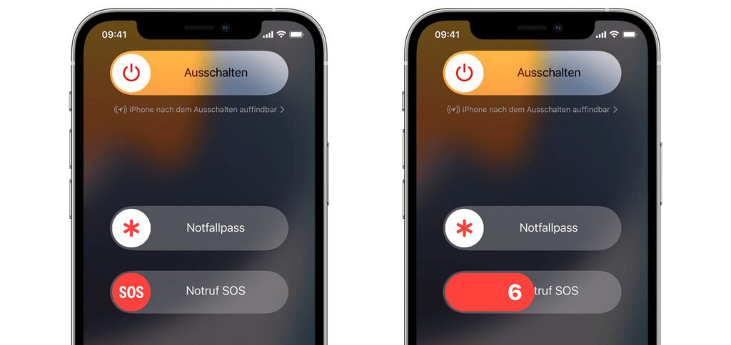 Haltet ihr für einige Sekunden die Seiten- und eine Lautstärketaste, wird der Bildschirm links angezeigt. Haltet ihr die zwei Tasten noch länger, wird nach einem Countdown automatisch ein Notruf gestartet. Am iPhone 7 oder älter wird für den Bildschirm die Seitentaste oder obere Taste 5-mal schnell gedrückt.