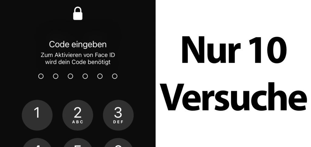 Am iPhone und iPad habt ihr nur zehn Versuche, um iOS oder iPadOS zu entsperren. Was dann passiert, das hängt von euren Einstellungen ab. Am Apple Mac habt ihr erst zehn Versuche, dann noch weitere in verschiedenen Recovery-Modi.