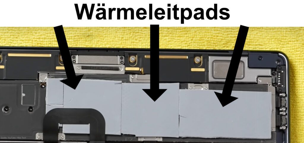 Wenn das Apple MacBook Air mit M2-Chip nicht so schnell heiß wird, dann werden auch CPU und GPU nicht so schnell gedrosselt. Eine bessere Wärmeleitung – etwa mit Wärmeleitpads / Thermal Pads im Gehäuse und einem Laptopkühler – sorgt also für eine schnellere Arbeit am Laptop. Bildquelle: YouTube / Max Tech