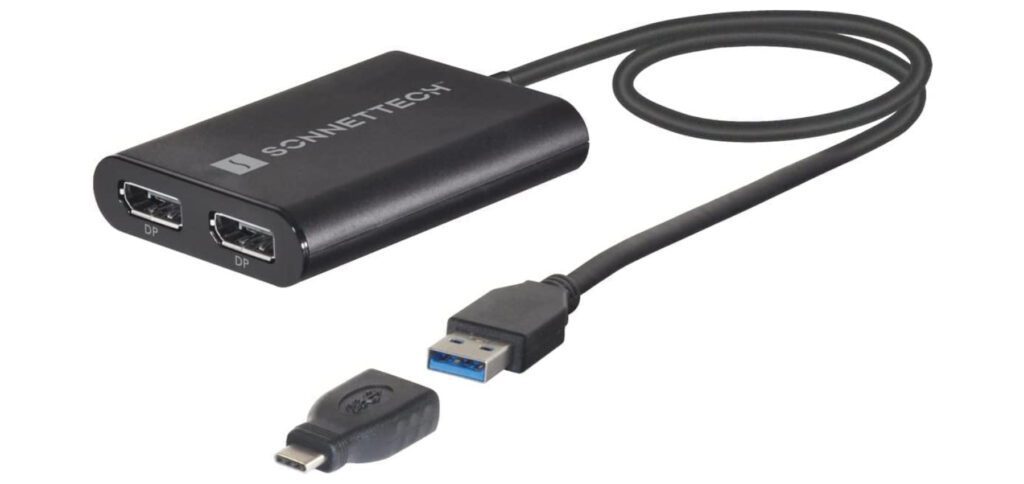 Mit dem Sonnet DisplayLink Dual 4K könnt ihr zwei 4K-Monitore am M1- oder M2-MacBook anschließen. Der Adapter übersetzt von USB bzw. Thunderbolt auf DisplayPort.