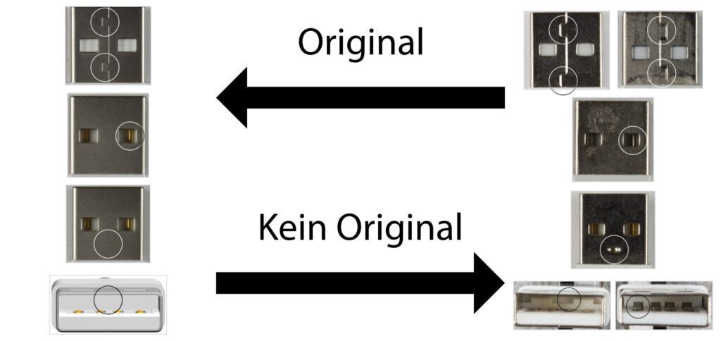 Auch die USB-A-Stecker an originalen Apple-Ladekabeln sowie an MFi-zertifizierten Kabeln haben ein bestimmtes Design. Anders gestaltete USB-Stecker gehören zu nicht zertifizierten oder gefälschten USB-auf-Lightning-Kabeln. Bilderquelle: Apple.com