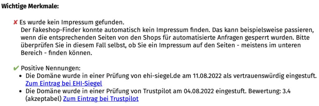 Fakeshop-Finder der Verbraucherzentrale ausprobiert: Wenn das Impressum eines Shops nicht gefunden wurde, dann kann das an einer Sicherheitseinstellung liegen. Hier hilft die manuelle Suche nach dem Impressum.