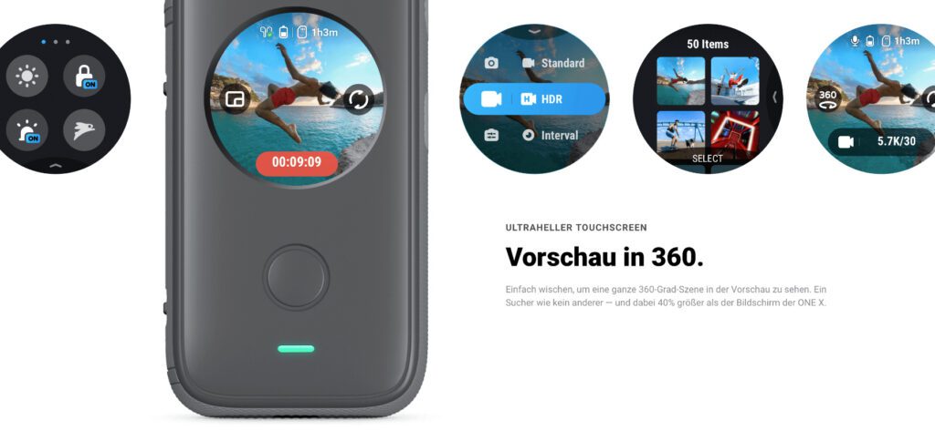 Für den vollen Funktionsumfang der Insta360 ONE X2 360°-Kamera könnt ihr eine App unter iOS oder Android nutzen. Aber auch das Touch-Display an der Kamera selbst hilft bereits, zahlreiche Aufnahme-Modi zu wählen. Egal ob Foto oder Video, hier lässt sich das Maximale herausholen.