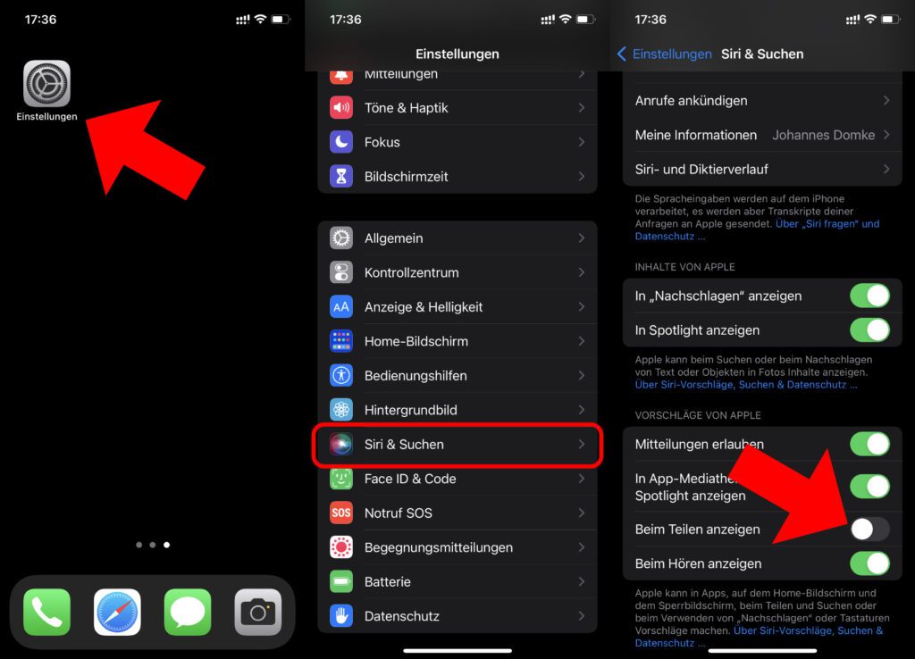 Alle automatischen Vorschläge für das Teilen-Menü entfernen könnt ihr über die iOS-Einstellungen. Das geht über einen Regler im Bereich "Siri & Suchen".