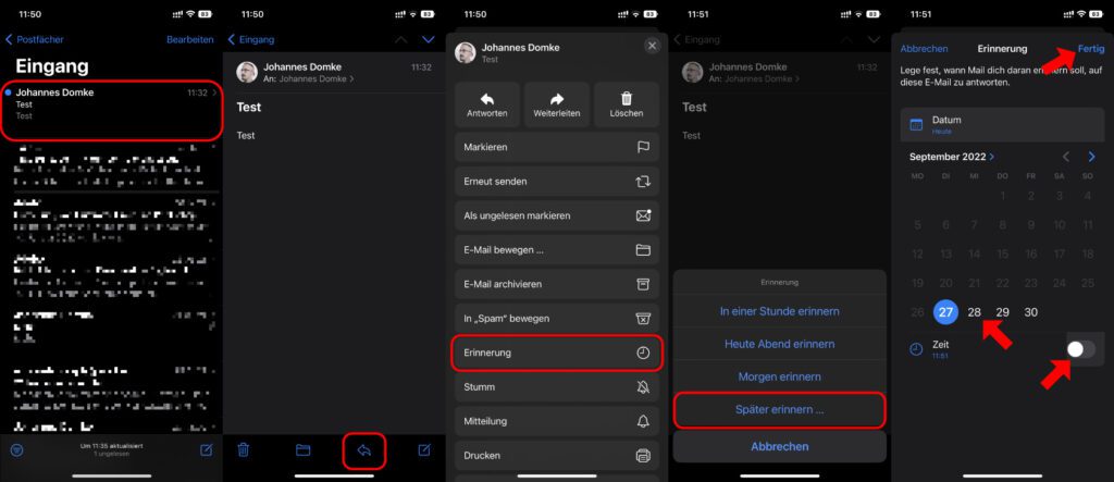 Öffnet die Mail App, den Posteingang, die fragliche Mail und dann das Antworten-Menü. Darüber könnt ihr die Erinnerungsfunktion für E-Mails am iPhone verwenden.