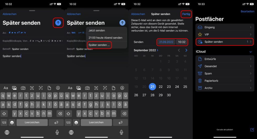 Zum späteren Absenden einer fertigen E-Mail am iPhone haltet ihr den Senden-Button gedrückt und wählt dann die für euch passende Option.