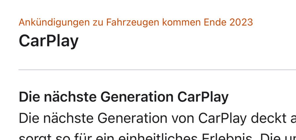 Wer will, kann hier neue Apple-Car-Gerüchte hinein interpretieren. Vielleicht geht es aber auch nur um Automarken, die ab Ende 2023 das CarPlay-Interface für ihre Modelle einführen.