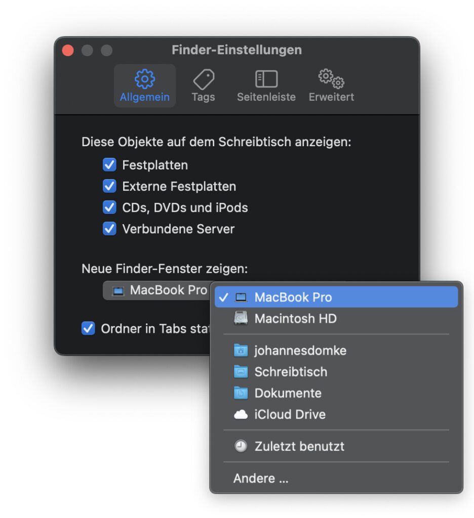 In den Finder-Einstellungen könnt ihr festlegen, welcher Ordner-Pfad in einem neuen Fenster aufgerufen werden soll – etwa über cmd+N.