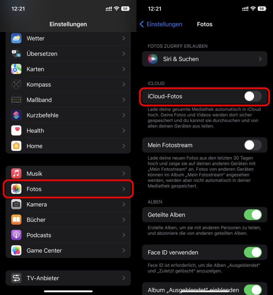 Für die Foto-Synchronisation mit der iCloud gibt es eine separate Einstellung.