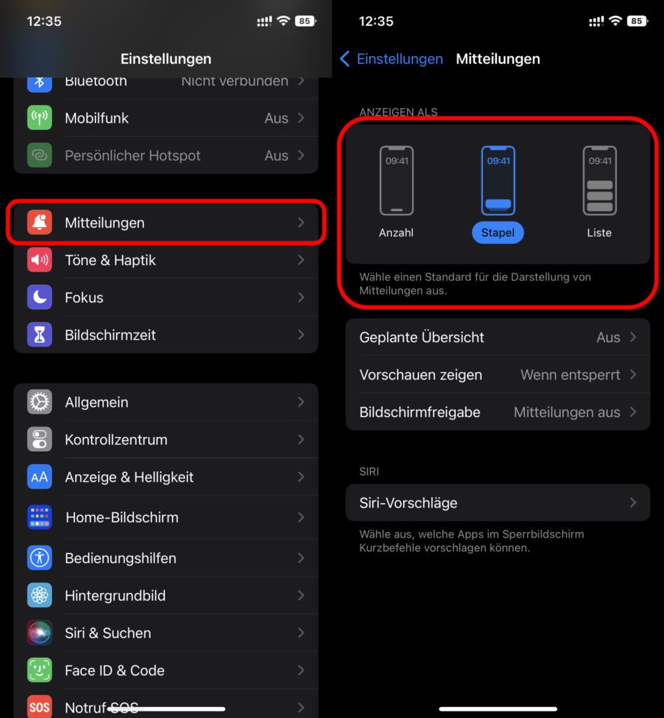 Zur Auswahl der Anzeigeoptionen für Mitteilungen auf dem Sperrbildschirm ab iOS 16 kommt ihr über Einstellungen -> Mitteilungen, wo es auch noch weitere interessante Features gibt.