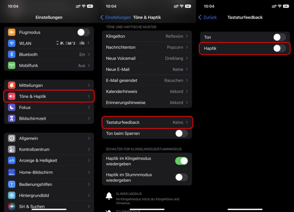 Ich persönlich bin kein Fan des haptischen Feedbacks bei Tastatur-Eingaben am iPhone. Wenn ihr es mal ausprobieren wollt, dann findet ihr die Funktion in den aufgezeigten Einstellungen.