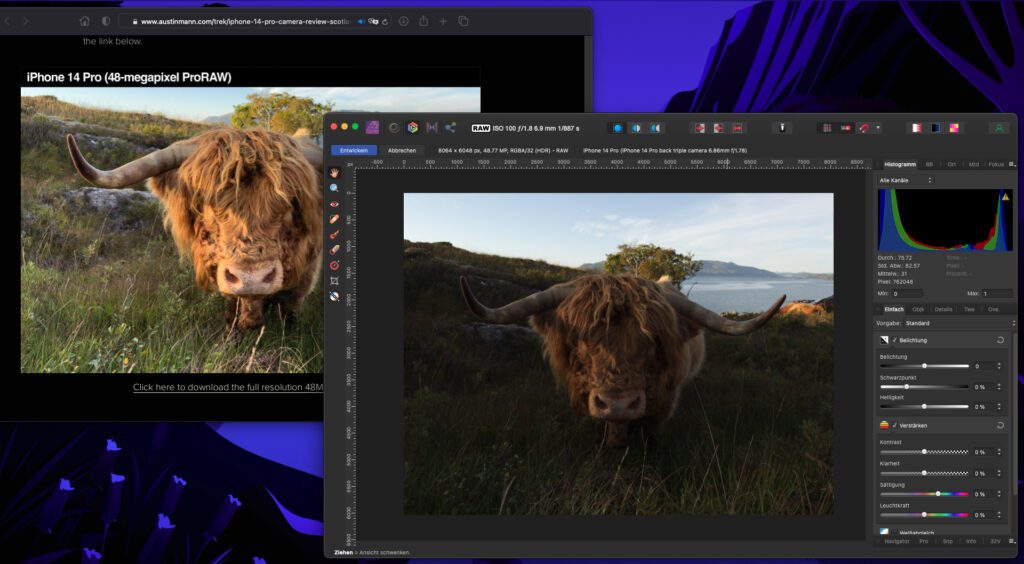 Links das als JPG angezeigte Foto und rechts die in Affinity Photo geöffnete ProRAW DNG-Datei mit 48 Megapixeln. Auch bei Austin Mann trat das Problem auf, dass das Foto zu dunkel angezeigt wurde (s. u.).