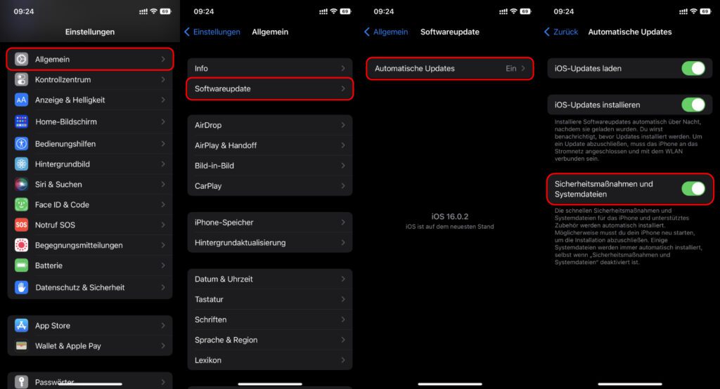 Für mehr Sicherheit auch abseits von größeren iOS-Updates könnt ihr die Sicherheitsmaßnahmen und Systemdateien aktivieren bzw. aktiviert lassen.