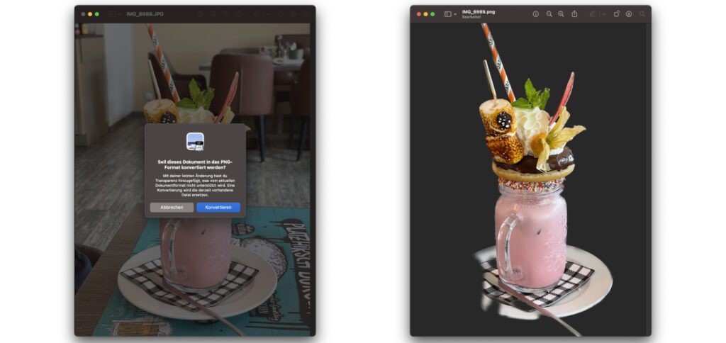 Am Mac ein Foto freistellen unter macOS 13 Ventura: Das Bild wird anschließend als PNG konvertiert und gespeichert. Das Freistellen passiert dabei, wie man sieht, nicht unbedingt fehlerfrei.