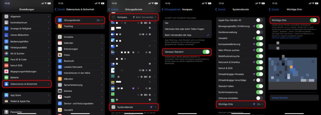 Vor dem Nutzen von Backtrack im Apple Watch Kompass ab watchOS 9 müssen auf dem verbundenen iPhone ein paar Einstellungen vorgenommen werden – hier als Screenshots unter iOS 16.0.2 am iPhone 12 Pro.