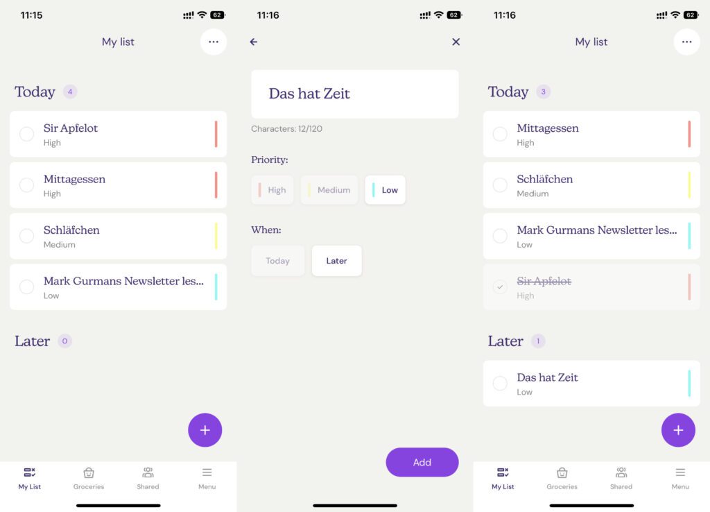 Tippt man auf das + im lila Kreis, kann man direkt eine neue Aufgabe für heute oder später anlegen sowie eine Wichtigkeitsstufe zuordnen. Außerdem lassen sich Aufgaben als erledigt markieren, wenn man sie antippt oder zur Seite streicht.