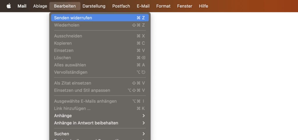 Wollt ihr weder die Fenster-UI von Apple Mail noch die Tastenkombination ⌘ + Z zum Zurückholen der E-Mail am Mac nutzen, dann könnt ihr über das "Bearbeiten"-Menü gehen.