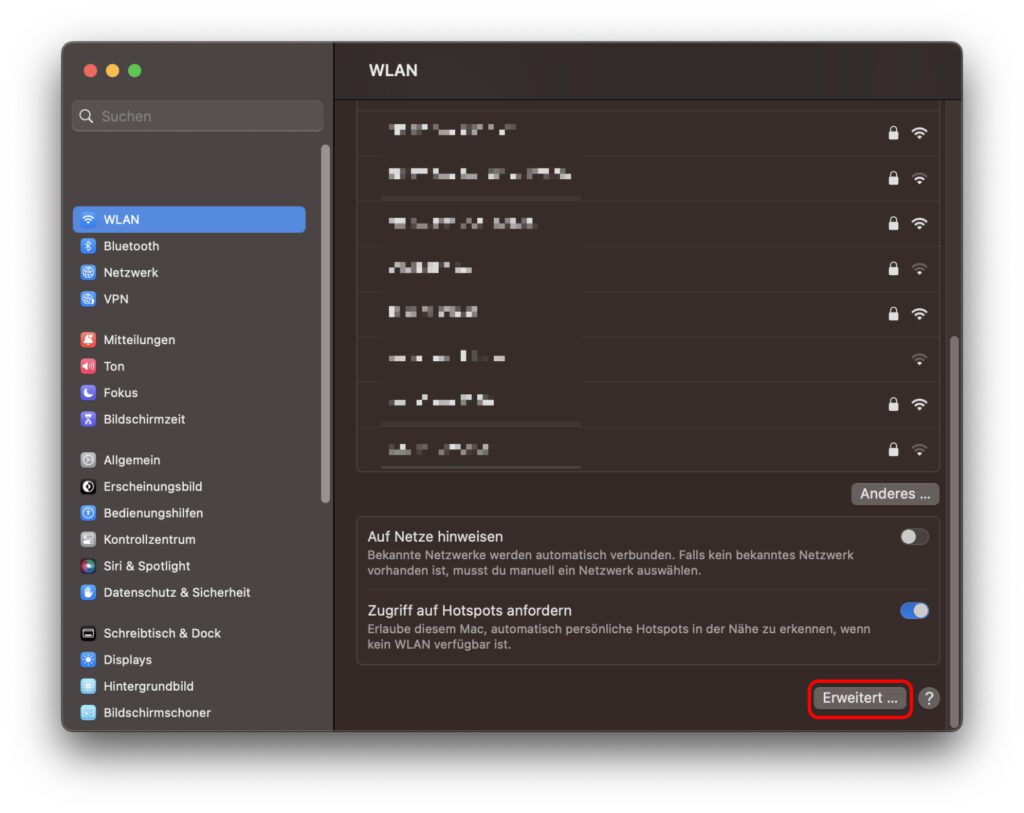 Hier findet ihr alle vom Mac vermerkten WLAN-Netze. Klappt die Verbindung mit einem nach dem macOS 13 Ventura Upgrade nicht, dann löscht es und fügt es neu hinzu.