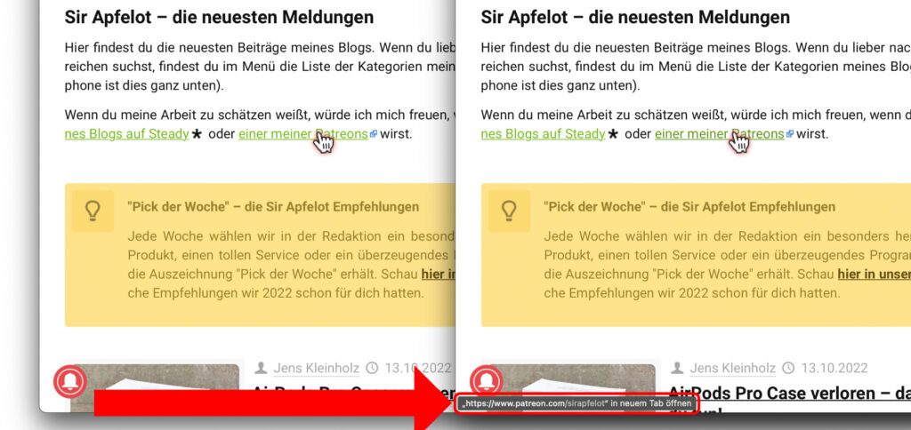 Führt ihr den Mauszeiger zu einem Link, dann wird er zum Handschuh und Safari zeigt das Link-Ziel als URL am unteren Fensterrand an. Allerdings kann diese Funktion deaktiviert sein. Hier erfahrt ihr, wie ihr sie wieder aktiviert.