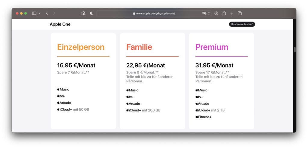 Nicht nur bei Apple Music und Apple TV+ gibt es eine Preiserhöhung. Auch das Sammel-Abonnement Apple One wird teurer. Auf Apples Angebotsseiten finden sich die aktuellen Preise; in diesem Beitrag findet ihr den Vergleich zu den alten Preisen.