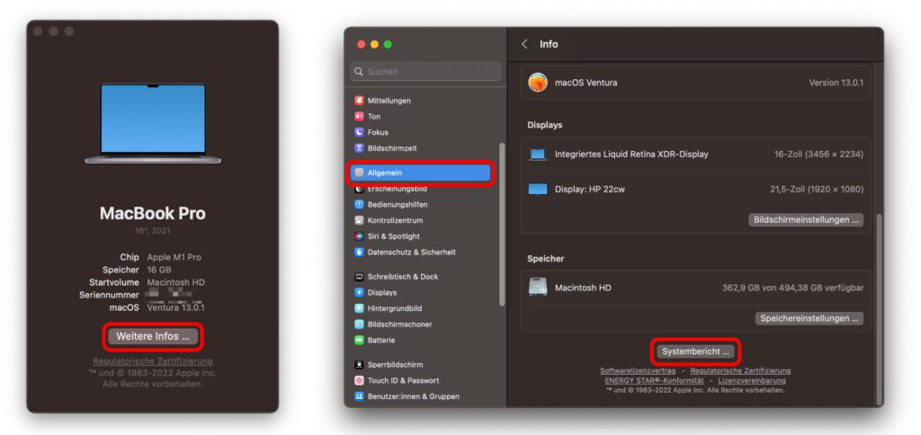 Egal ob ihr ab macOS 13 Ventura im Mac-Menü "Über diesen Mac" oder die "Systemeinstellungen" auswählt, ihr müsst zum Allgemein-Tab der Einstellungen, um ganz unten den nötigen Button zu entdecken.