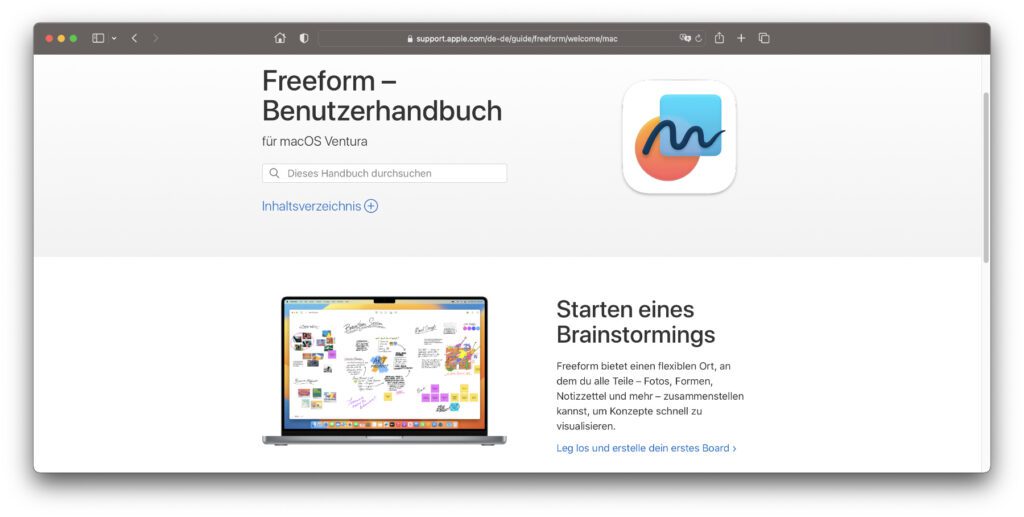 Apple hat ein Online-Handbuch für die Freeform App am Mac veröffentlicht. Wenn ihr die Software unter macOS Ventura nutzen wollt, dann findet ihr dort die passenden Tipps für den Einstieg.