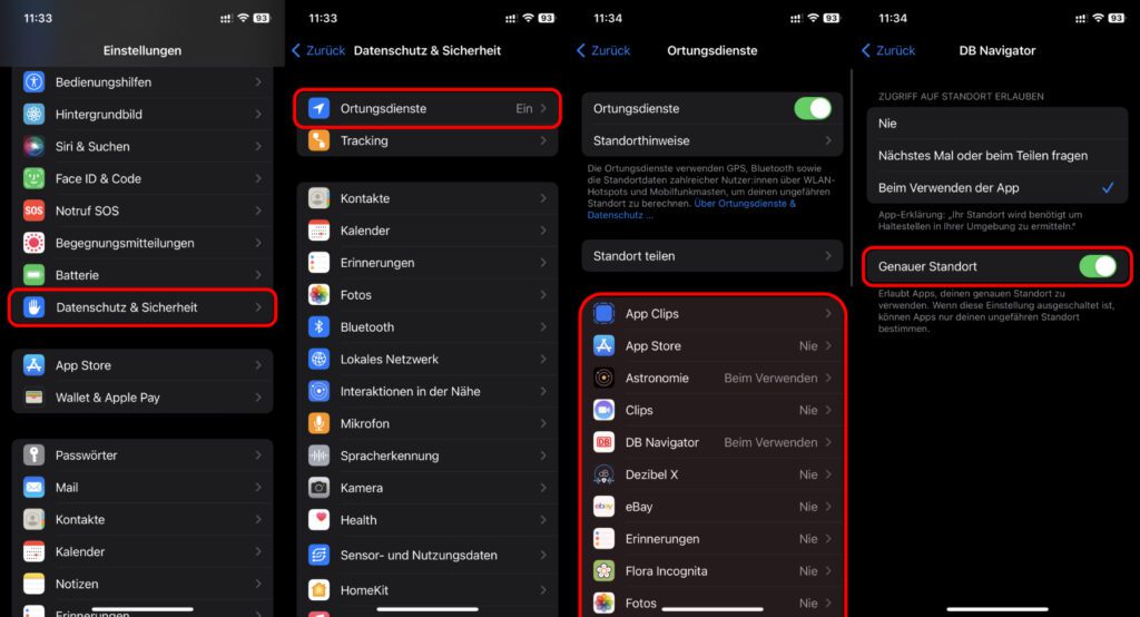 Neben der Einstellung für die Ermittlung des genauen Standorts über die iPhone-Ortungsdienste könnt ihr für die Standortbestimmung auch "Nie" auswählen. So wird der jeweiligen App die Erlaubnis für die Ortung des Geräts entzogen.
