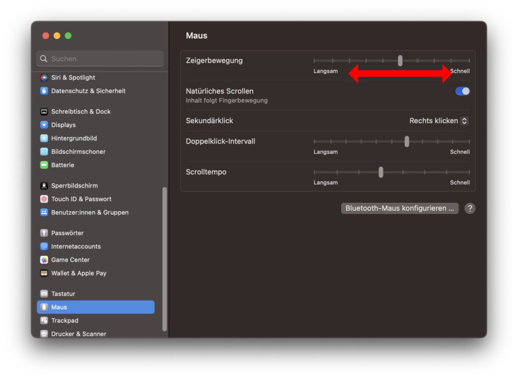 In den macOS-Systemeinstellungen hab ihr eine begrenzte Auswahl für die Einstellung der Mausgeschwindigkeit.