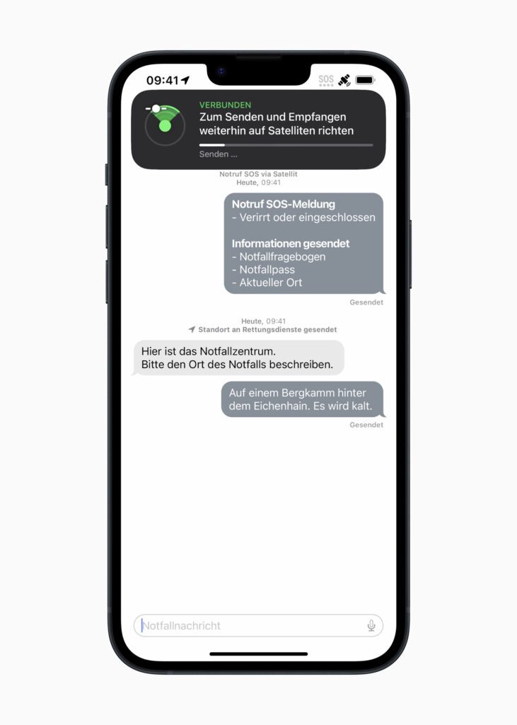 Anrufe über Satellitentelefonie sind mit dem iPhone 14 nicht vorgesehen, dafür aber das Übermitteln von Informationen als Textinhalte. Habt ihr die nötigen Daten zu Notfallpass und Notfallkontakte hinzugefügt sowie Standort teilen aktiviert, können diese Infos leichter übermittelt werden.