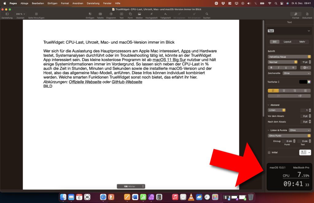 Die TrueWidget App zeigt die CPU-Last, Uhrzeit, Mac- und macOS-Version in individueller Kombination und Größe immer im Vordergrund an. So sieht man schnell, wie viel Prozessorleistung der aktuelle Workflow verbraucht oder ob irgendein Prozess Schwierigkeiten macht.