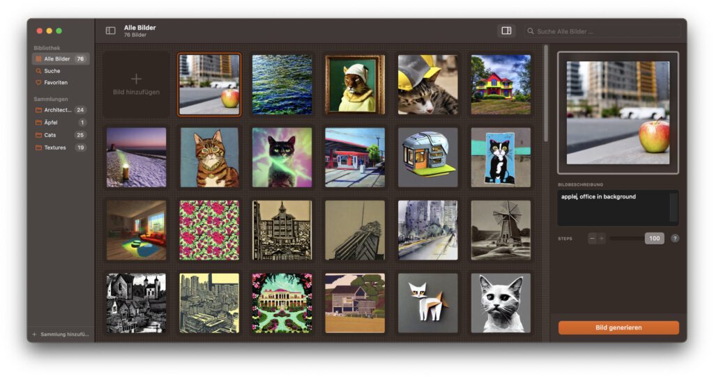 Die Stärke von AI Photo liegt neben der Erstellung von Bildern in unterschiedlichsten Stilen in der Sortierung der verschiedenen Bilder. Diese werden nämlich in der App gespeichert und gehen beim Schließen nicht verloren (was z. B. bei Mochi Diffusion der Fall ist, wenn man die Bilder nicht manuell speichert).