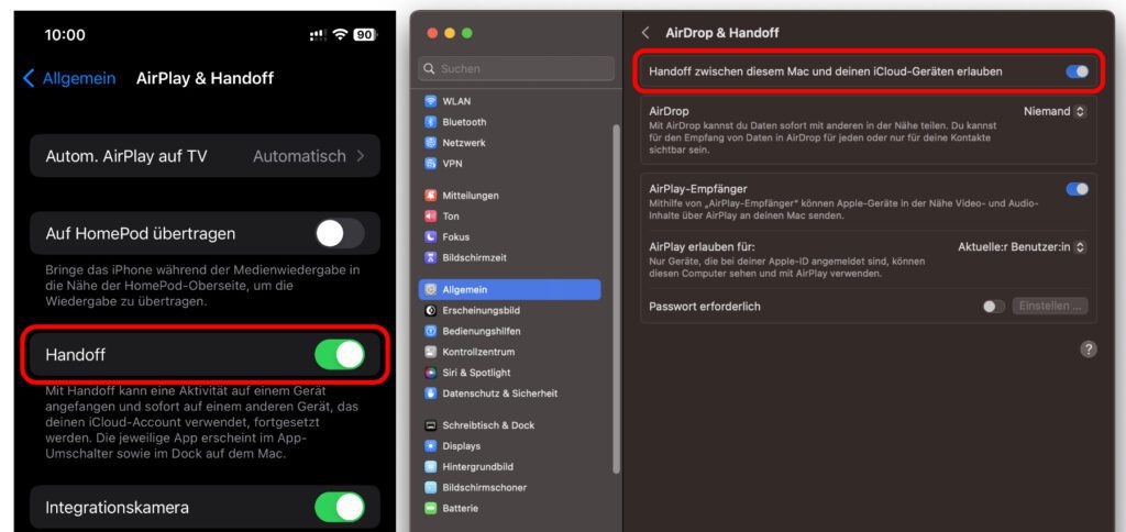Für die geräteübergreifende Zwischenablage von Apple müssen die einzelnen Geräte nicht nur mit der gleichen Apple-ID angemeldet sein, sondern auch Handoff aktiviert haben. So sieht das unter iOS 16 und macOS 13 aus.