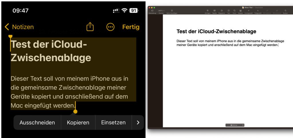 Für Apple-Geräte mit der gleichen Apple-ID gibt es die allgemeine Zwischenablage, sodass Inhalte geräteübergreifend kopiert und eingefügt werden können. Das funktioniert mit dem iPhone, iPad, Mac und der Apple Watch.