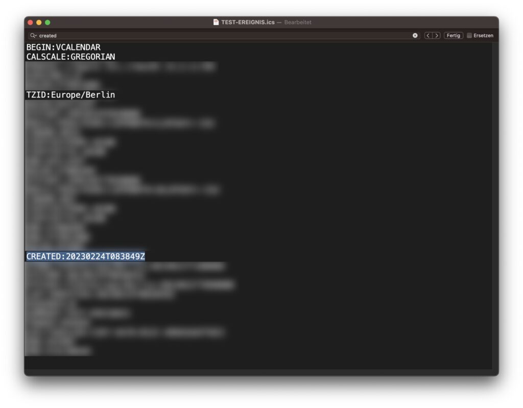 In der Datei befinden sich viele verschiedene Informationen. Um herauszufinden, wann ein Termin in der Kalender-App angelegt wurde, reicht eigentlich ein Blick auf die CREATED-Zeile – und ggf. auf die anderen nicht unscharf gestellten Zeilen.