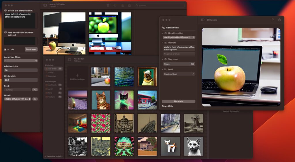 Im Folgenden stelle ich euch vier Programme für die lokale Erstellung von KI-Kunst am Apple Mac vor. Drei davon habe ich selber ausprobiert. Die vierte soll ebenfalls gut sein, da bin ich aber an der Installation gescheitert.