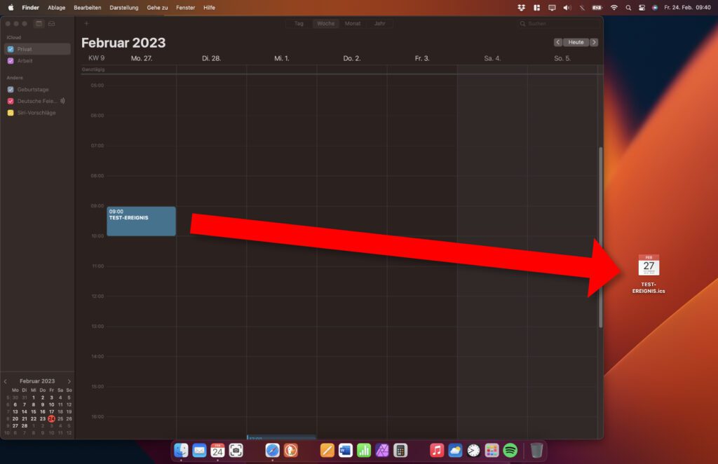 Als erstes zieht ihr den Kalendereintrag auf den Schreibtisch oder in einen Ordner, um aus ihm eine iCal-Datei (.ics) zu erstellen.