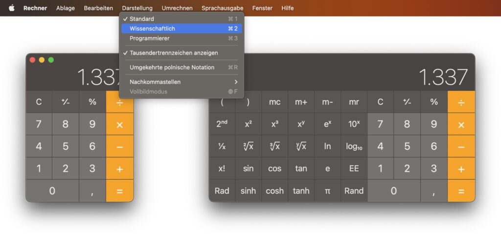 Wissenschaftlicher Taschenrechner am Mac: Über die Menüleiste oder die Tastenkombination ⌘2 ruft ihr die umfangreichere Ansicht der Rechenhilfe auf.