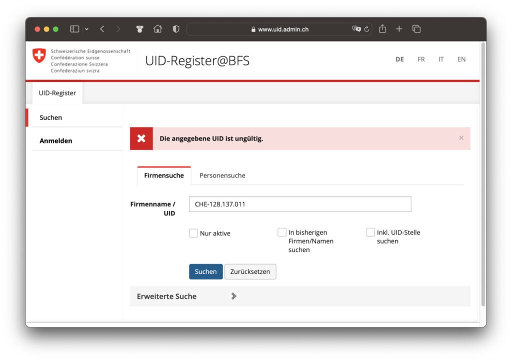 Es hat keine zwei Minuten gedauert, das Angebot der Schweiz für die UID-Abfrage zu finden und die Angaben im Impressum der fraglichen Webseite zu überprüfen.