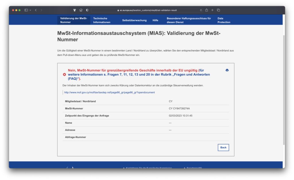 Bei der VAT-Abfrage gibt es den Hinweis, dass diese Steuernummer aus Zypern (falls sie tatsächlich existieren sollte) nicht für grenzüberschreitende Geschäfte gemacht ist.