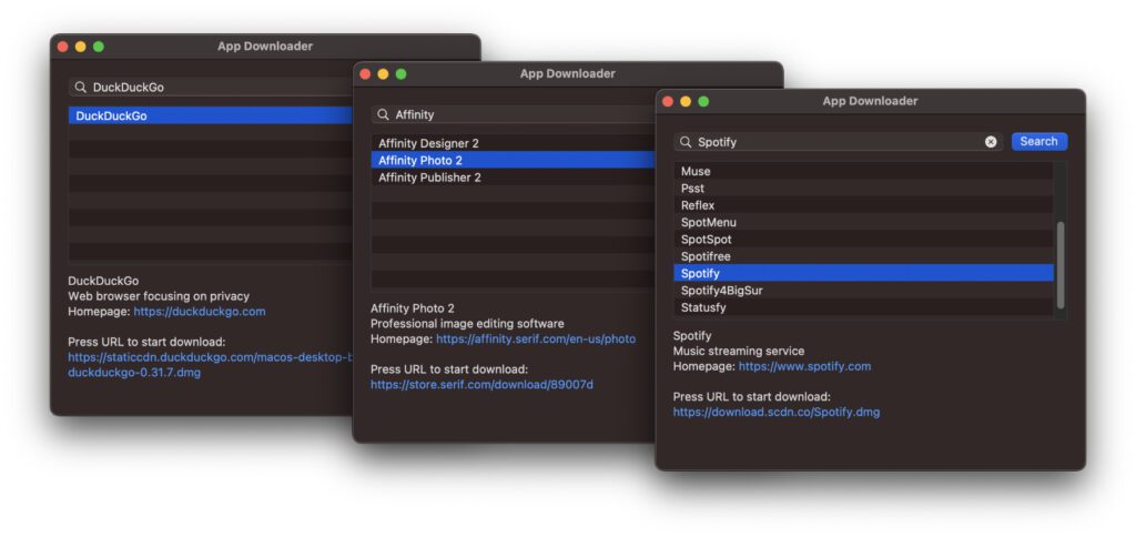 App Downloader – Diese kleine Open-Source-Software ist wie eine Suchmaschine für Mac-Programme. Gebt einen App-Namen oder einen Überbegriff ein und es werden euch passende Ergebnisse angezeigt. Von diesen könnt ihr dann die Webseiten besuchen oder direkt den Download starten.